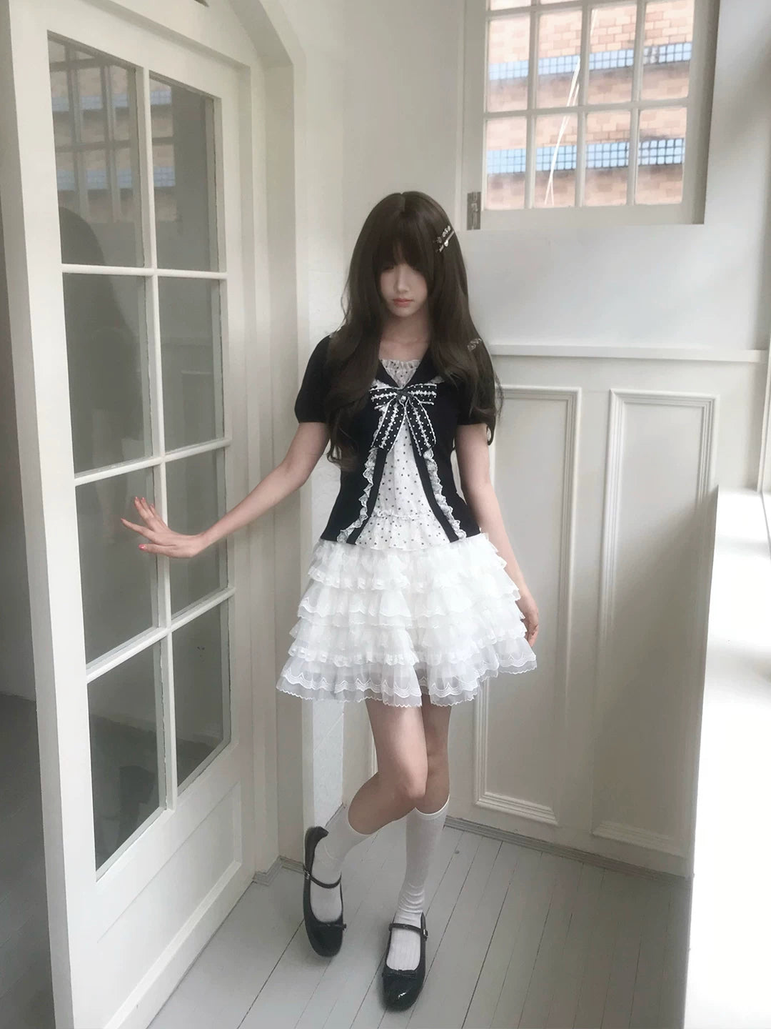 Sweet Polka Dot Sailor Collar Blouse, Elastic Waist Skirt 45346:850180