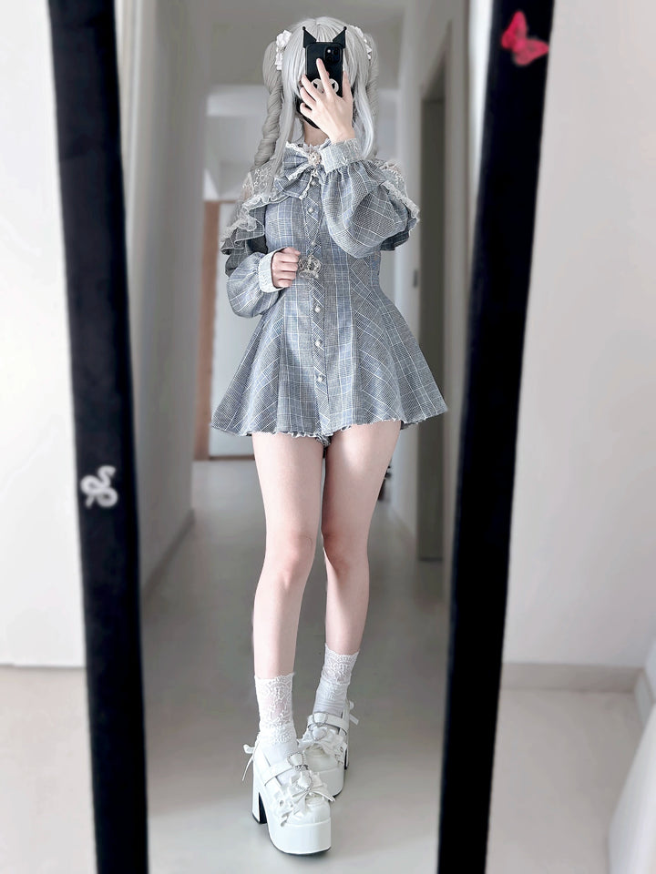 Jirai Kei Dress Set Gray Plaid Long-sleeved Dress And Shorts 41568:704964