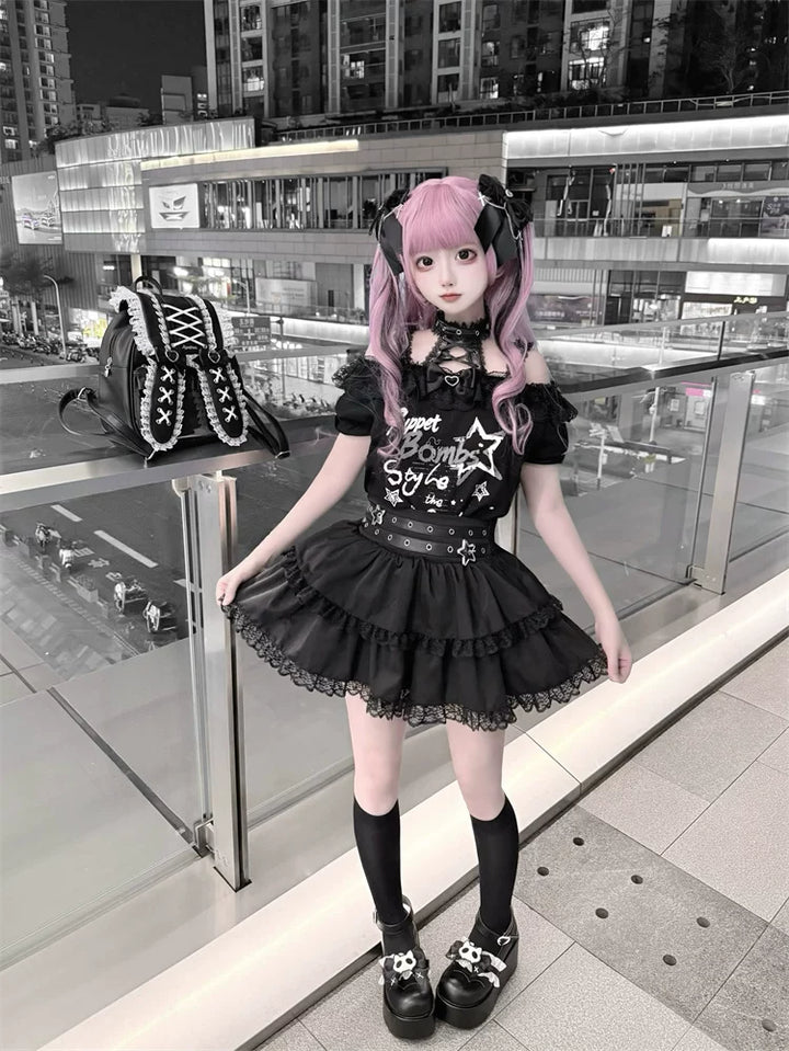 Halter Neck Punk Bunny Print T-shirt, Layered Star Skirt 45361:851445