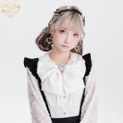 Jirai Kei Blouse White Pink Lace Chiffon Pearl Long Sleeve Shirt 33754:443458