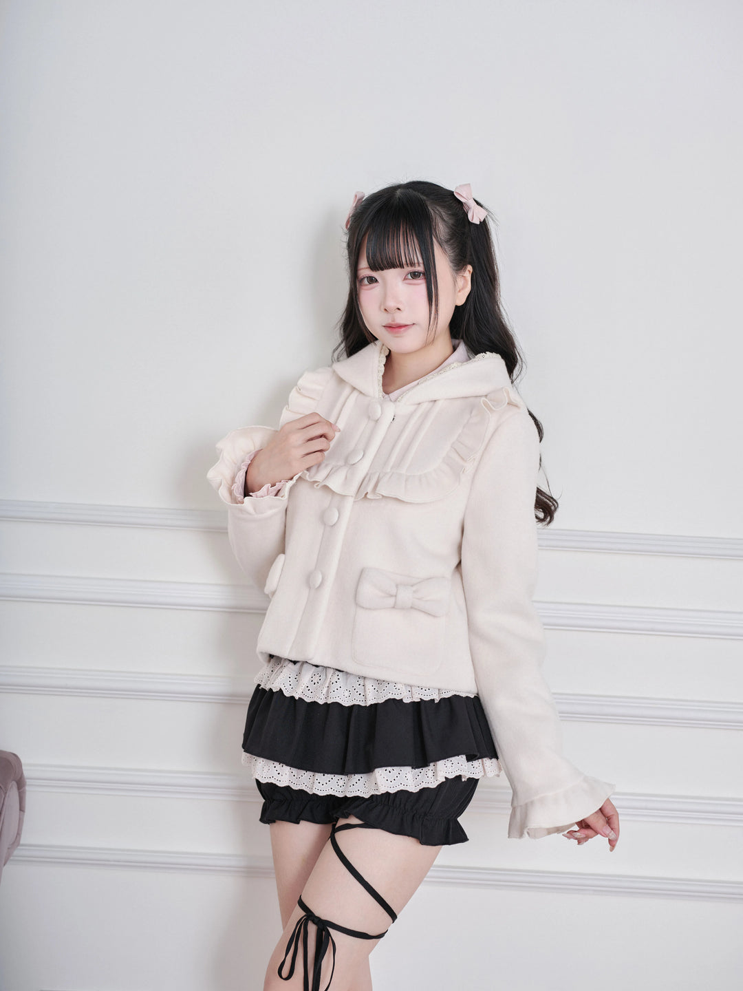 Ryousangata Hooded Solid Coat, Ruffled Neckline 45955:870321