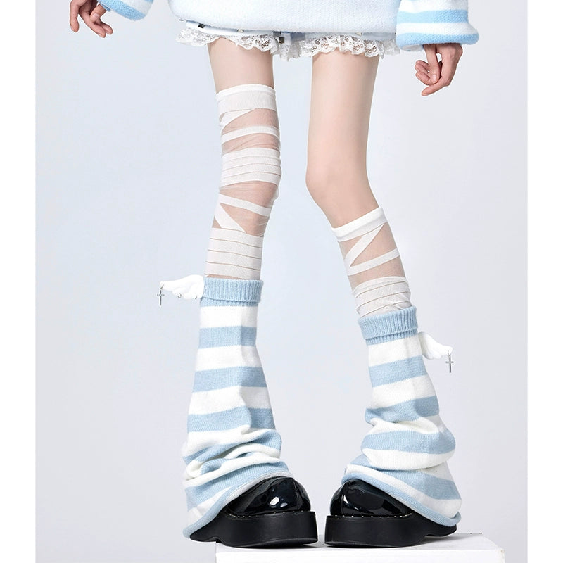 Punk Leg Warmers White Blue Stripes Leg Covers Tie-up Socks 36512:530050