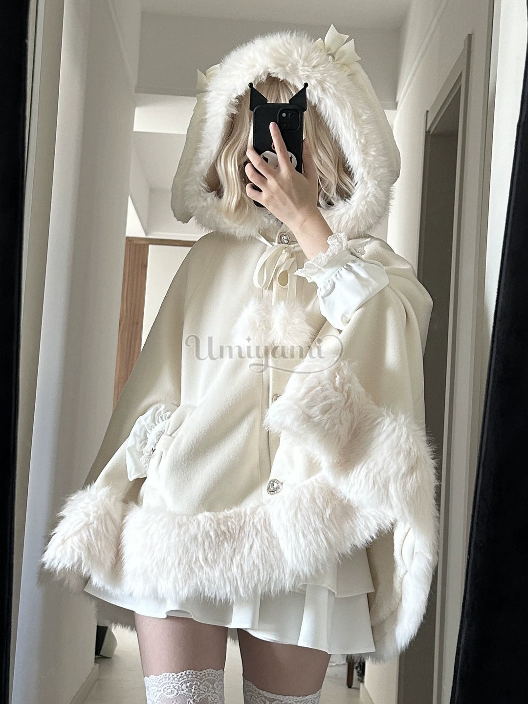 Jirai Kei Coat Bunny Ears Plush Collar Winter Hooded Cape 41894:717426