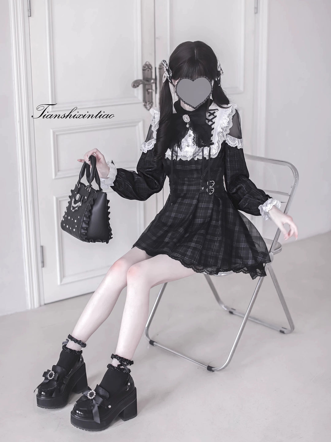 Plaid Jirai Kei Set-Up, Voile Layered Dress 43757:784681