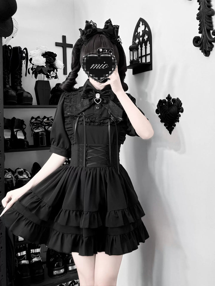 Black Jirai Kei Blouse & High Waist Skirt Set 45796:864032