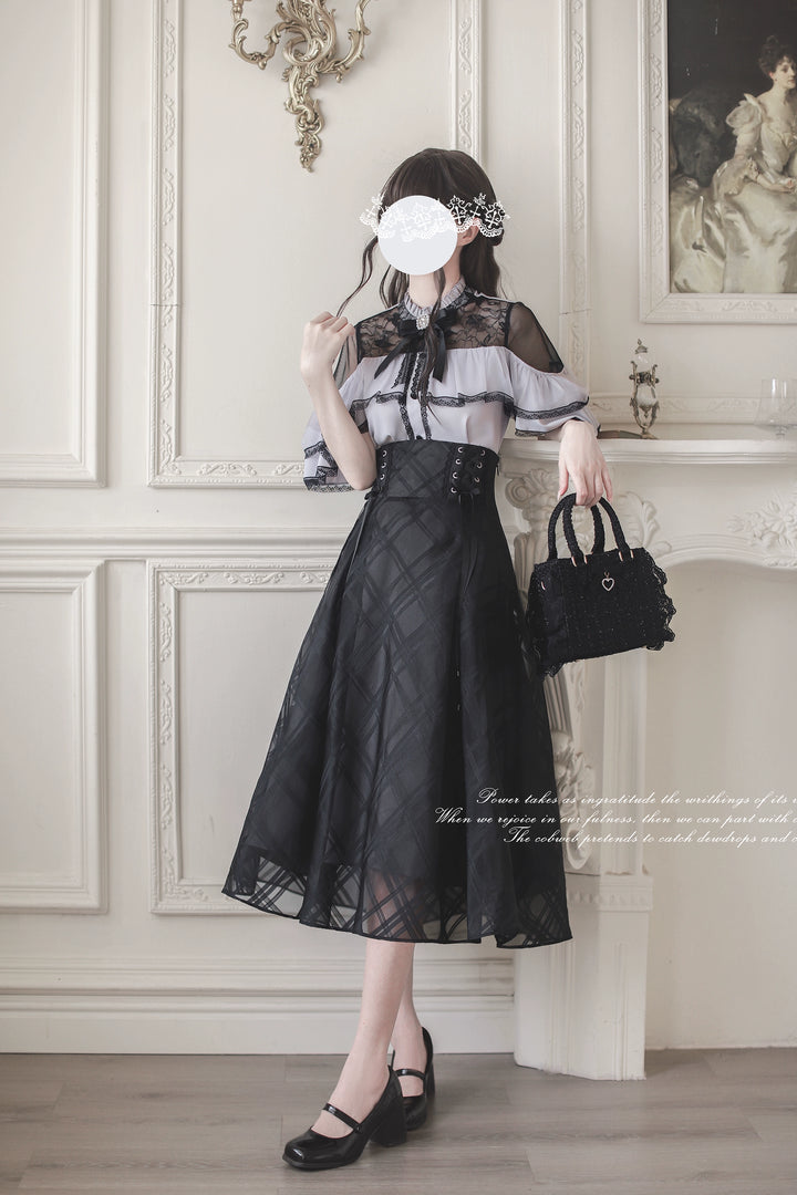 Black Long Jirai Kei Skirt With Elegant Purple Cape Blouse 43111:766069