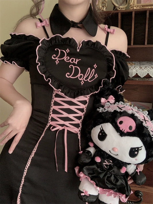 Jirai Kei Black Pink Lace Up Open Shoulder Dress 22498:333640