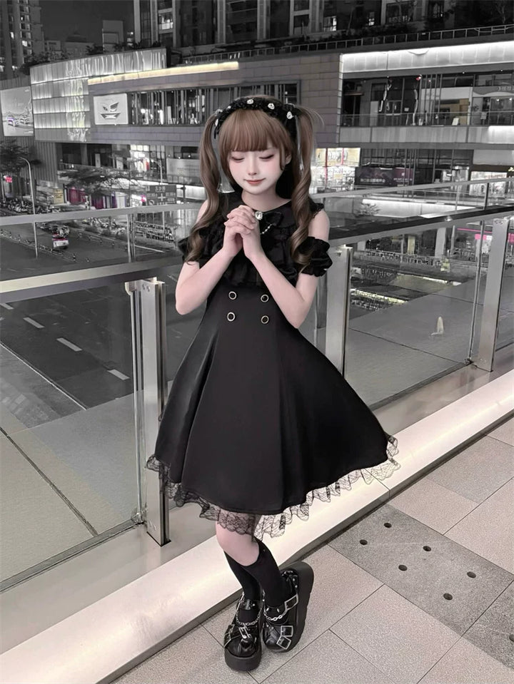 Jirai Kei Open Shoulder Dress, Layered Chest Ruffles 45366:847749
