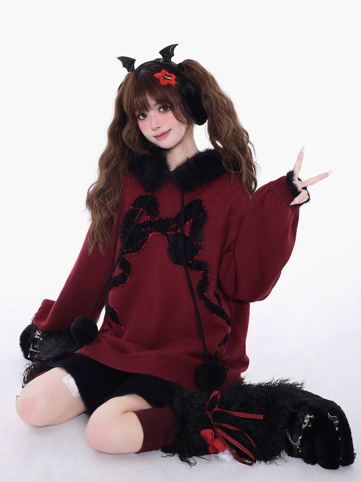 Yami Kawaii Sweater Bow Black Red Hoodie Detachable Collar 39556:639626