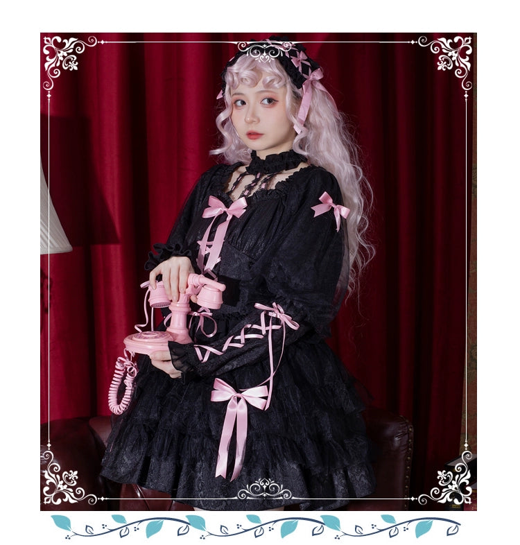 Gothic Lolita Dress Long Sleeve Dress Black Pink Puffy Dress 32084:381986