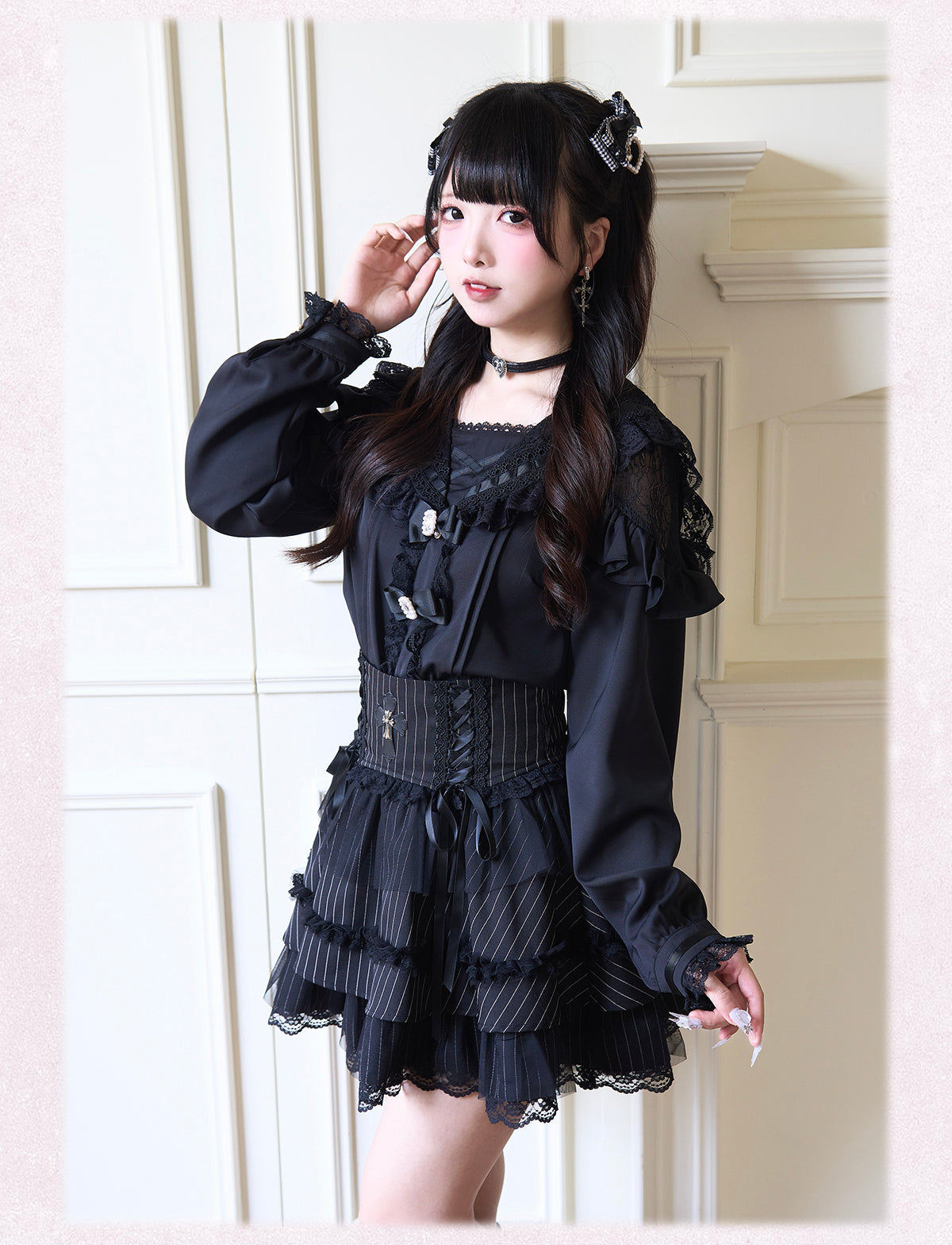 Sailor Collar Jirai Kei Blouse with Tulle Shoulder and Lace Frill