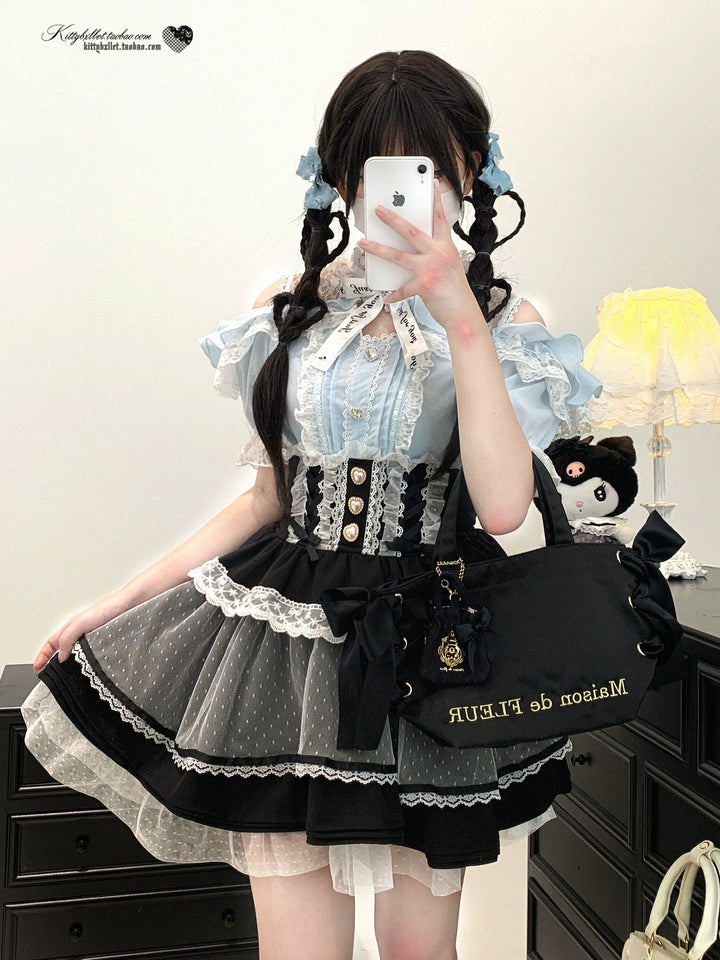Lace Open Shoulder Jirai Kei Blouse, Heart Rhinestone 43692:783147