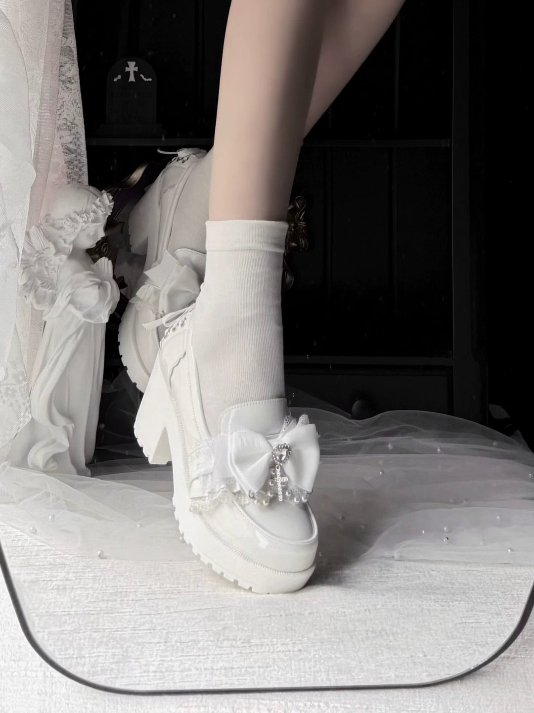Jirai Kei Heeled Shoes, Pearl Chain and Cross Details 45695:860663