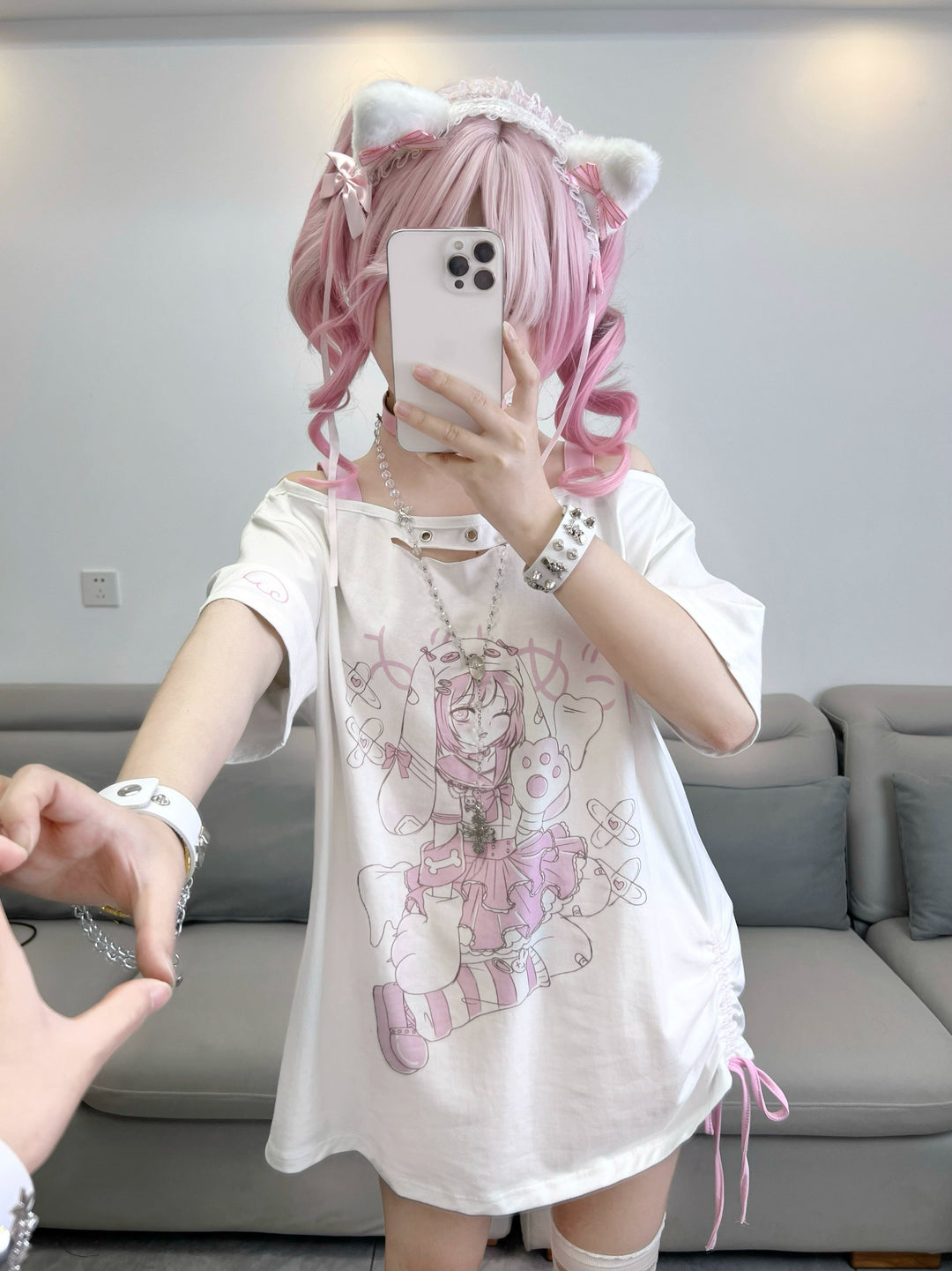 Y2K T-shirt Anime Print Subculture Off-shoulder Shirt 38524:592494