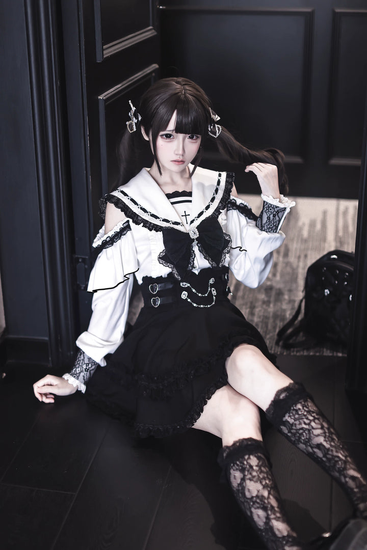 Lace Jirai Kei Sailor Collar Blouse, High Waist Skirt Set 45626:859348