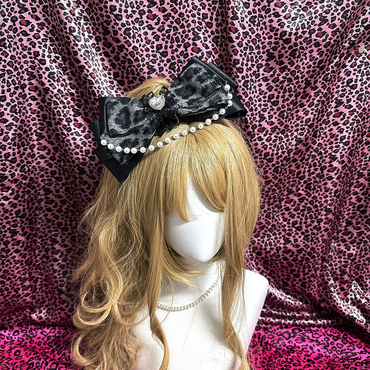 Gyaru Leopard Bow Hair Clip, Pearl Chain and Heart Rhinestone 45524:852174