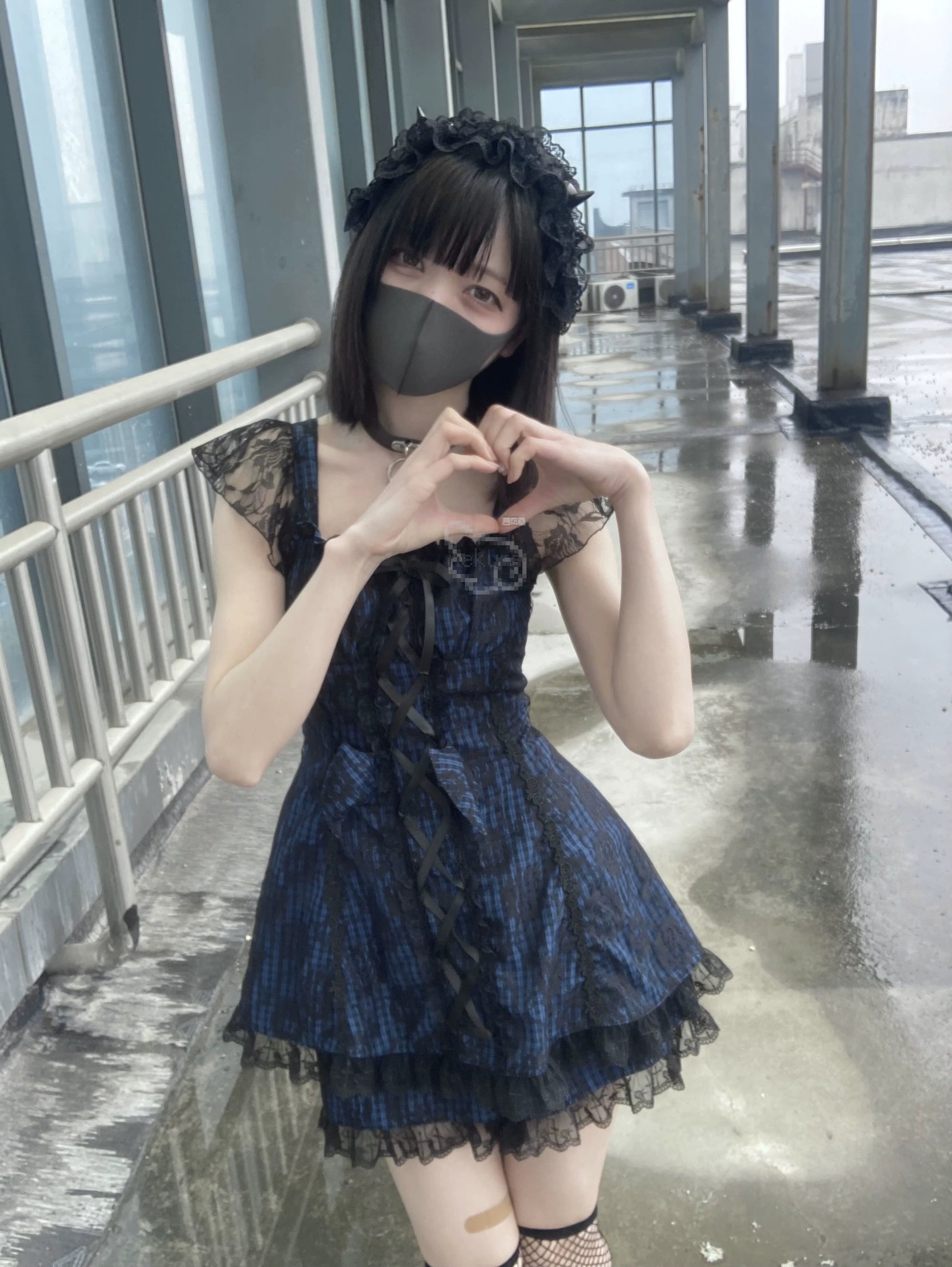 Jirai Kei Dress Set Blue Plaid Flying Sleeve Dress 35266:485298