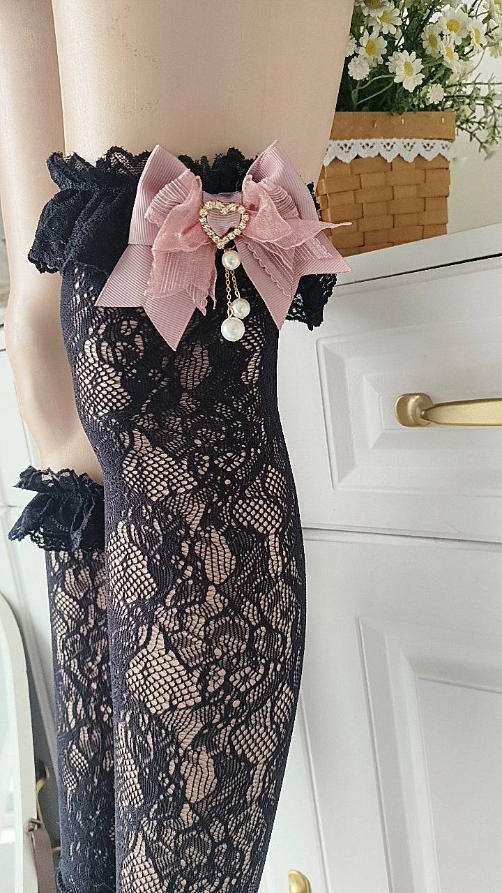 Jirai Kei Mid Length Cotton Socks, Bows and Pearls 44121:797907