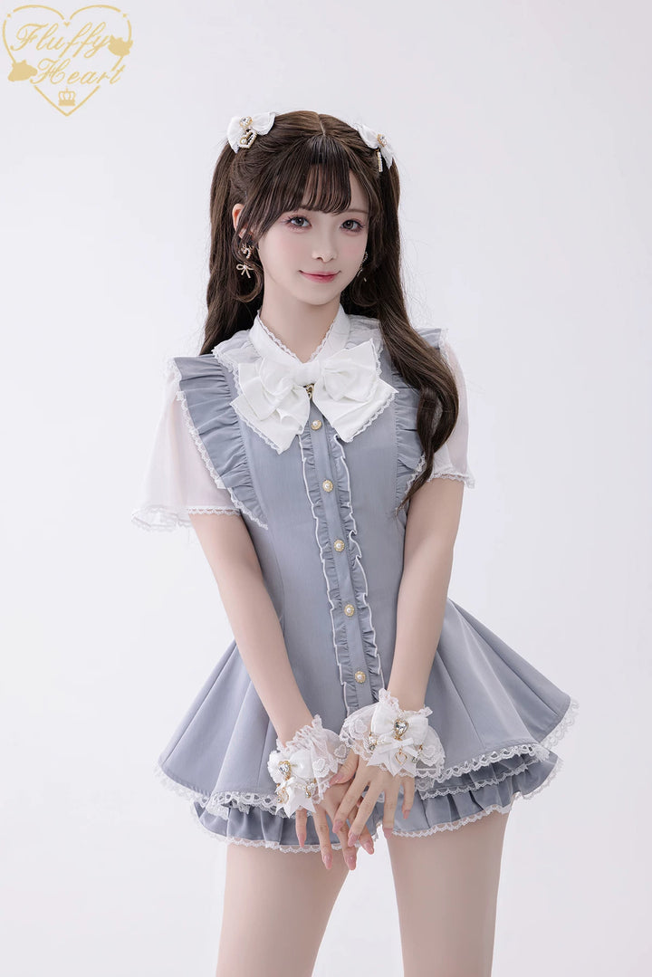 Jirai Kei Button Closure Dress Set Up, Chiffon Sleeves (2XL L M S XL) 45390:846514