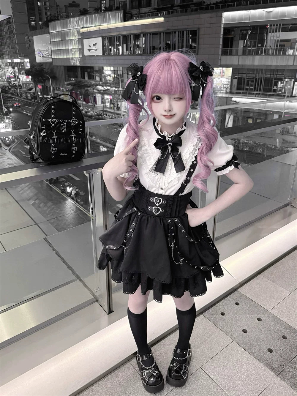 Punk Suspender Skirt, Stand Collar Blouse 45578:855970