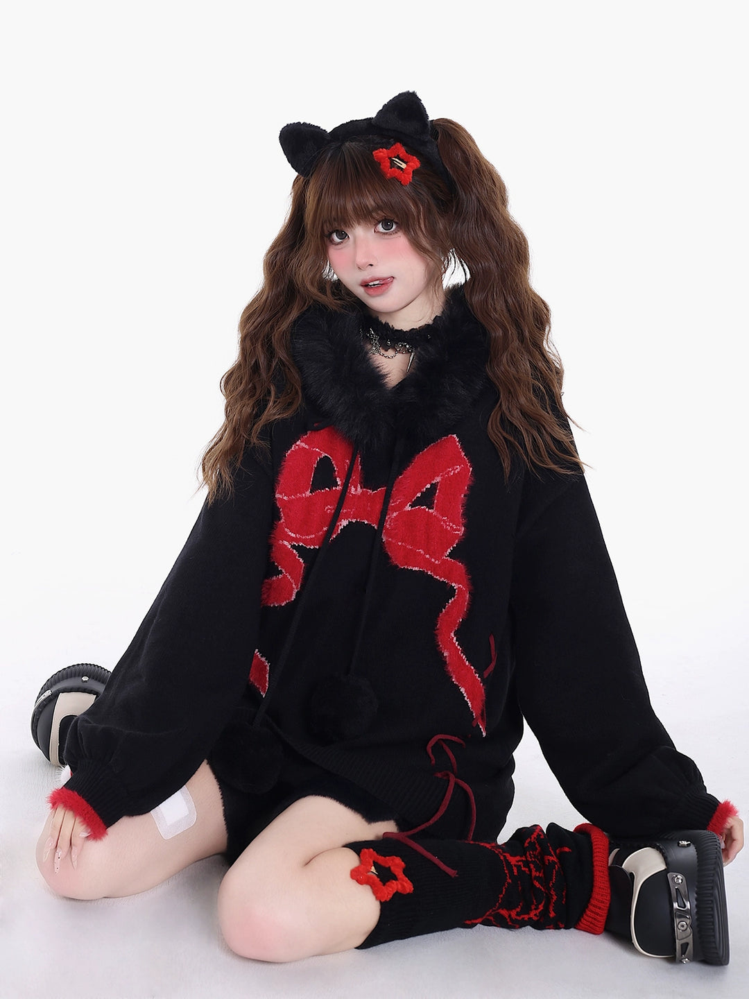 Yami Kawaii Sweater Bow Black Red Hoodie Detachable Collar 39556:639622