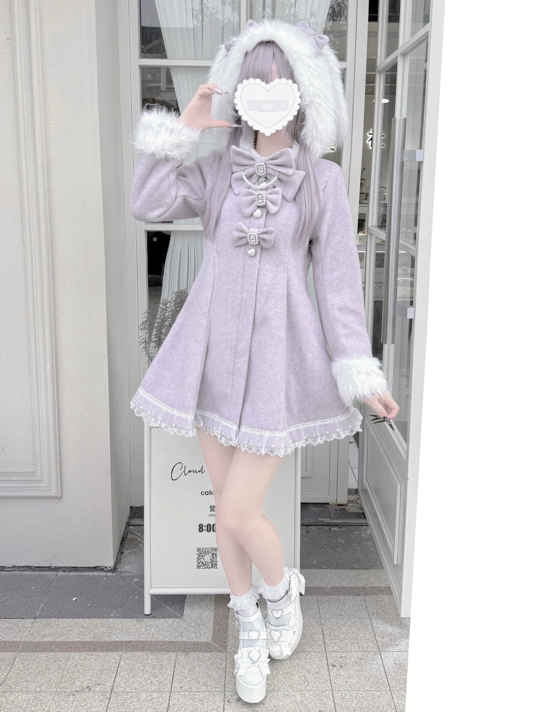 Wool-Blend Ryousangata Coat, Detachable Bunny Ear Hood 44014:793005