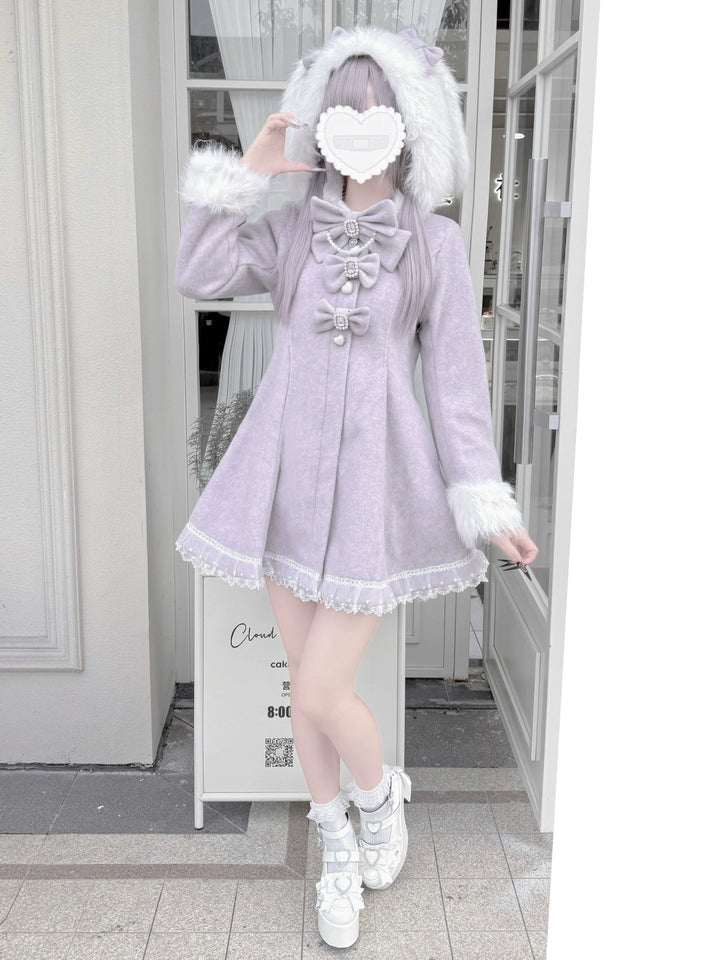 Wool-Blend Ryousangata Coat, Detachable Bunny Ear Hood 44014:793005