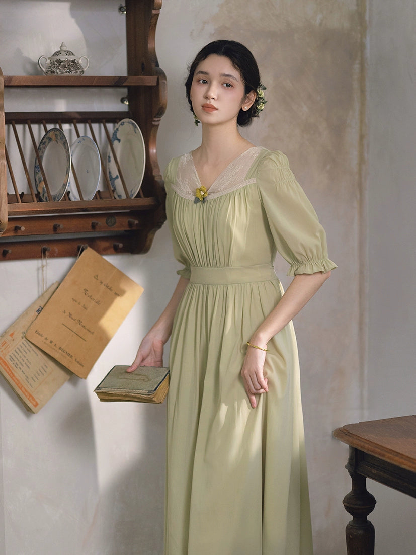 Mori Kei Dress Elegant Dress Matcha Green Lace Trim Dress 36344:547202