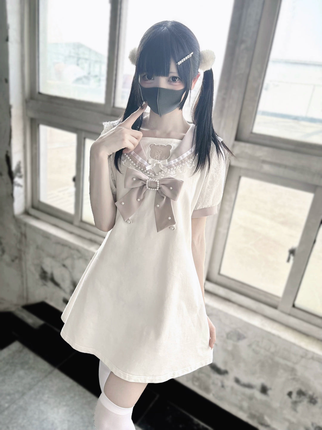 Jirai Kei Dress Sailor Collar Pearl Lace Dress 37656:606524