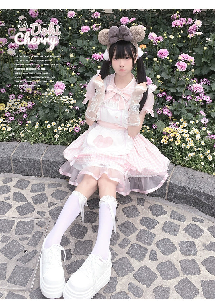 Plaid Jirai Kei OP Dress in Maid Style with Removable Apron 43004:763148