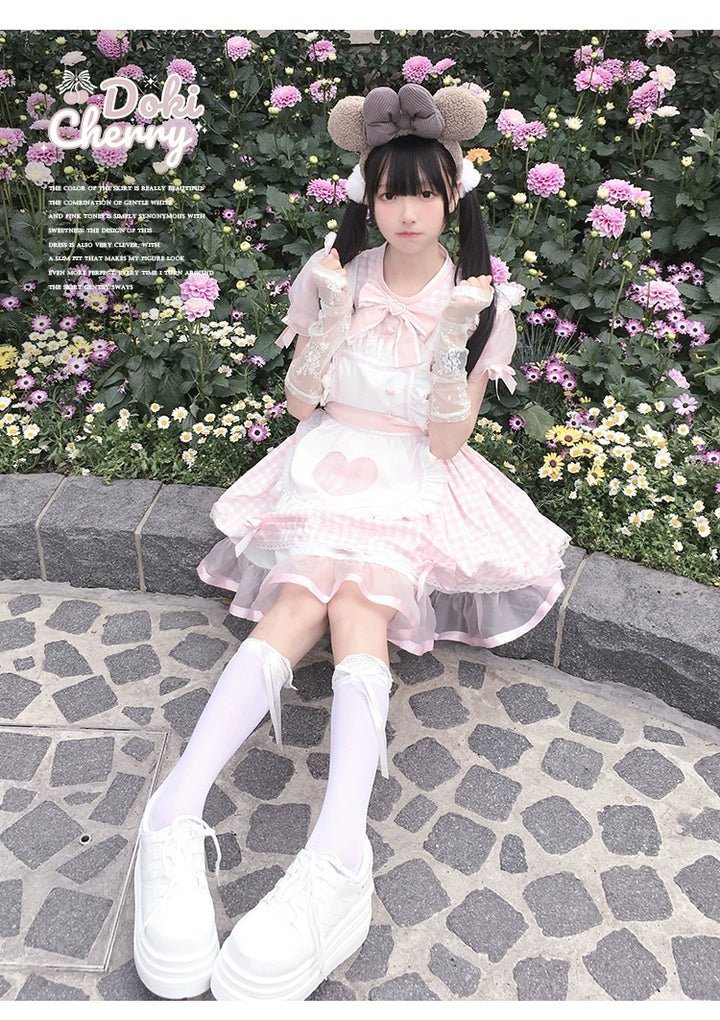 Plaid Jirai Kei OP Dress in Maid Style with Removable Apron 43004:763148