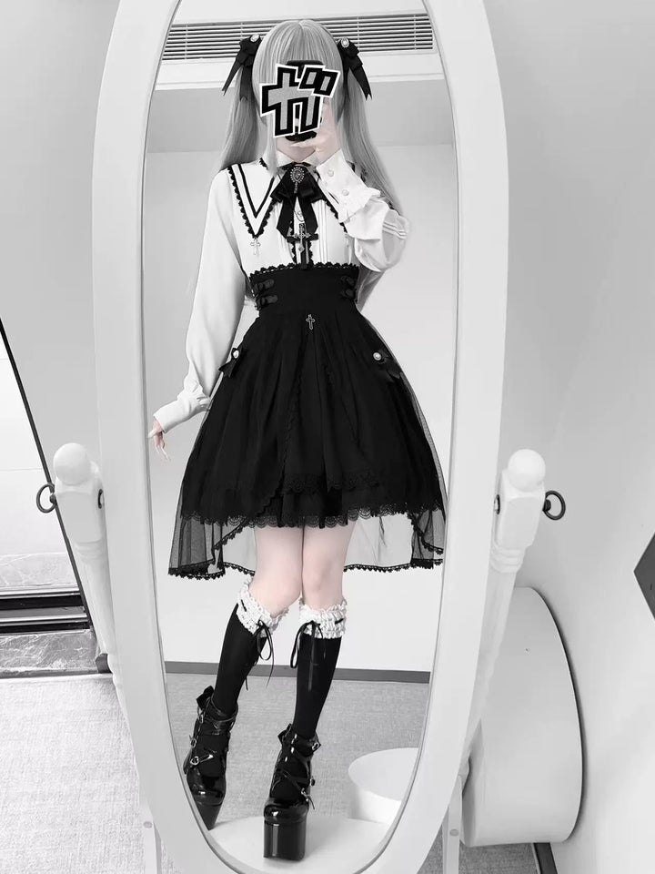 Jirai Kei Pointed Collar Blouse, Black High-Waist Skirt 44216:804925