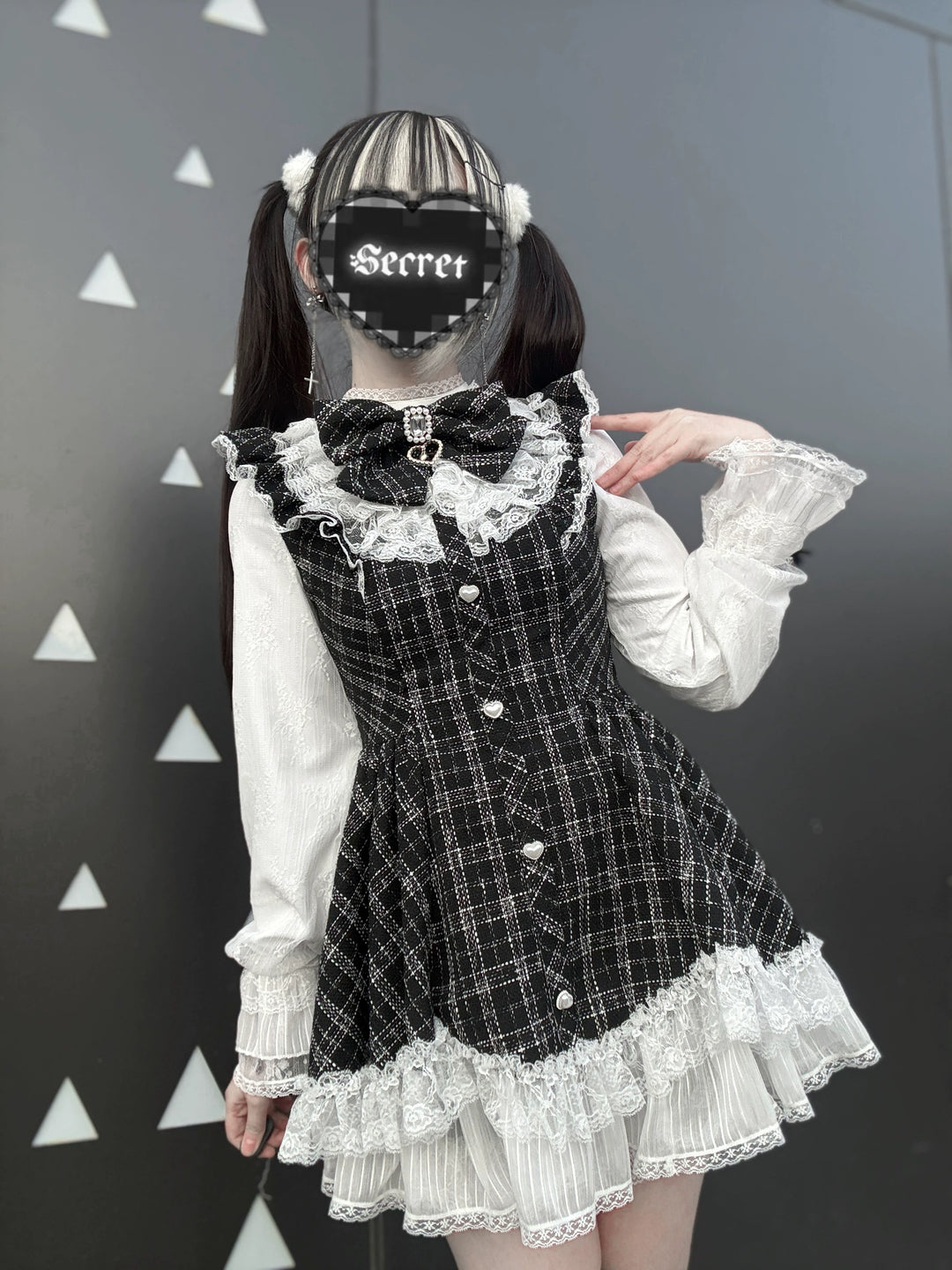 Jirai Kei Plaid Dress Set, Petal-Shaped Lace Hem 44765:825650