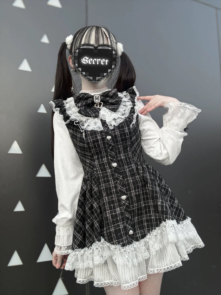 Jirai Kei Plaid Dress Set, Petal-Shaped Lace Hem 44765:825650