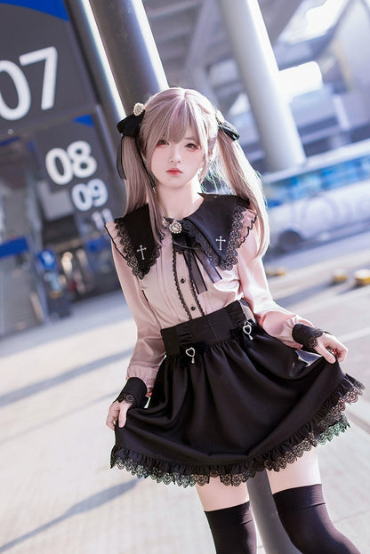 Jirai Kei Set Black Pink Sailor Collar Blouse Cross Skirt 37666:564472
