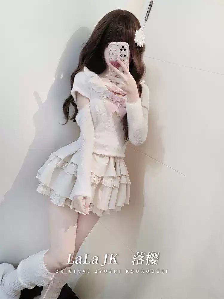 Sweet Kawaii White Sweater Cake Skirt Set 41556:703736