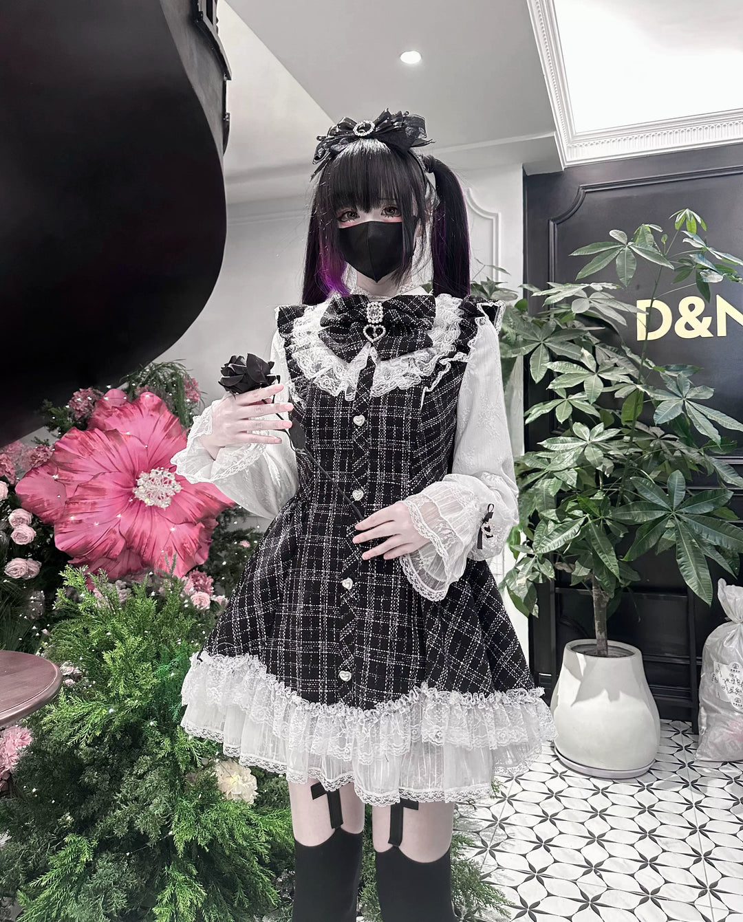 Jirai Kei Plaid Dress Set, Petal-Shaped Lace Hem 44765:825638