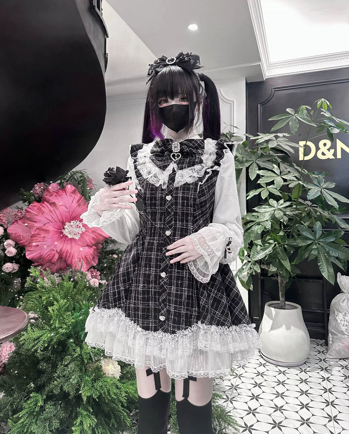 Jirai Kei Plaid Dress Set, Petal-Shaped Lace Hem 44765:825638