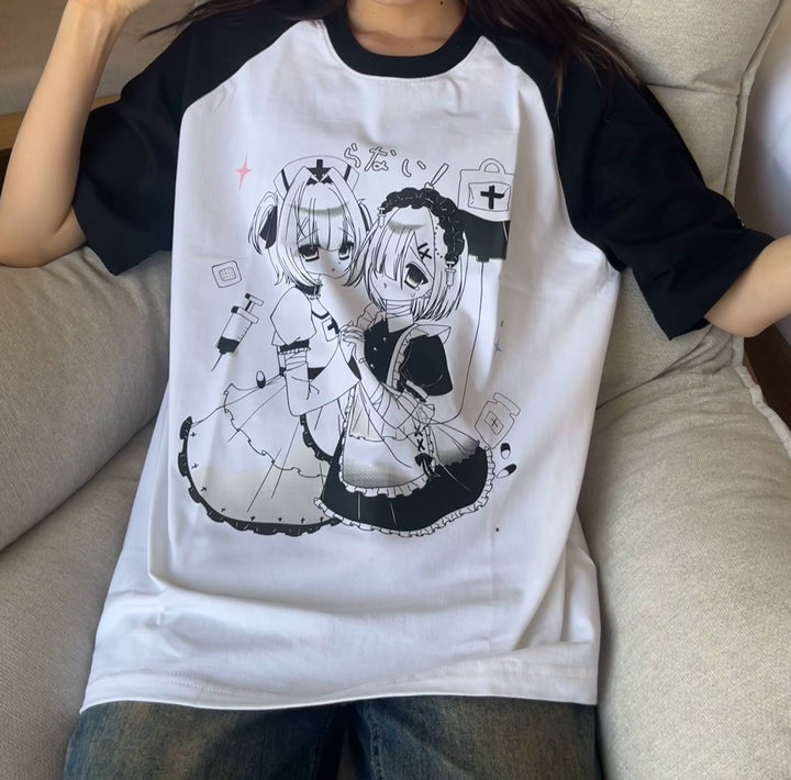 Yami Kawaii T-shirt Black White Subculture Cotton T-shirt 35690:499402 35690:499402