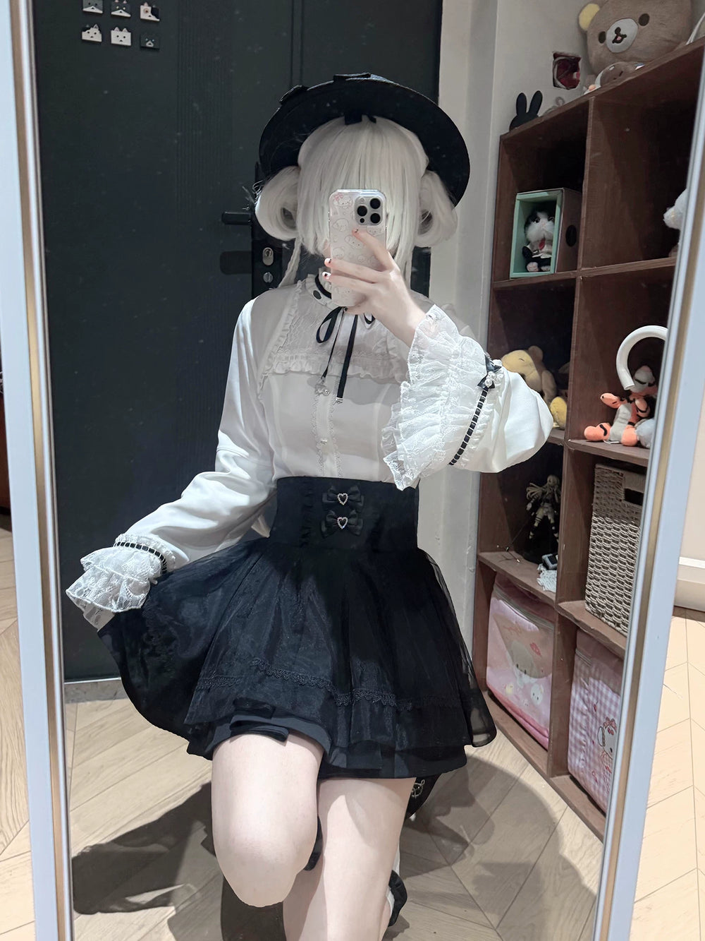 Jirai Kei Flared Sleeve Blouse, Double-Layered Skirt 45260:842948