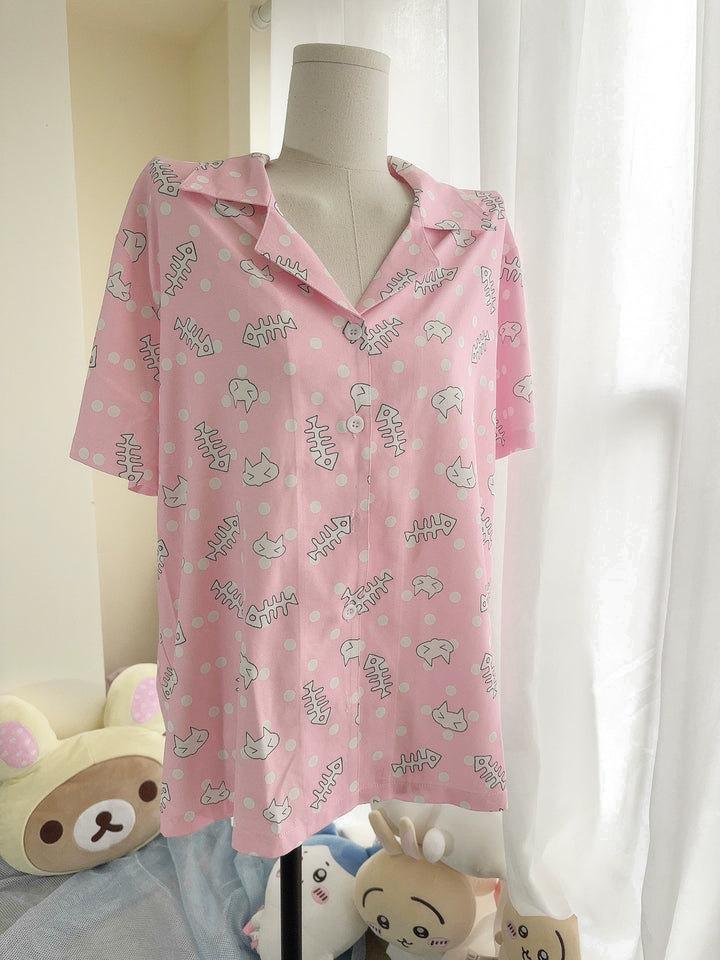 Tenshi Kaiwai Pajamas Set Cat Print Top Shorts And Pants (L M XL) 38220:592730