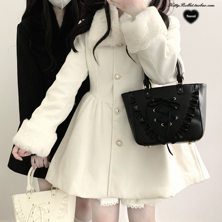 Jirai Kei Coat Detachable Fur Collar Dress Coat Wool-like Jacket 40416:667656