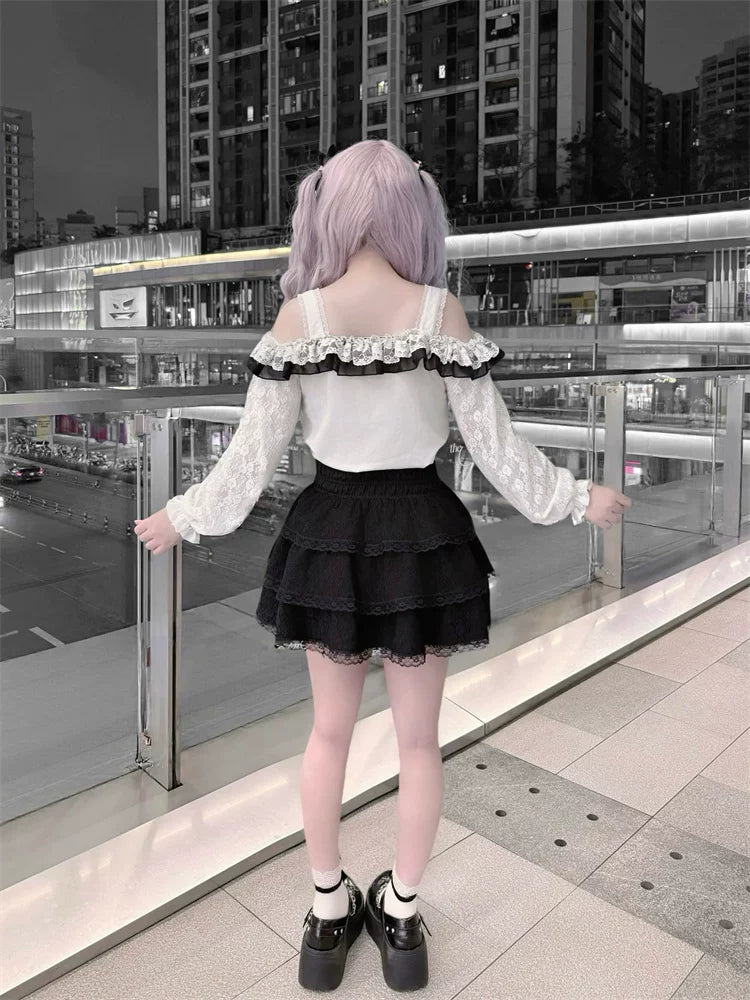 Jirai Kei Off Shoulder Blouse, Lace Layered Skirt 45576:856328