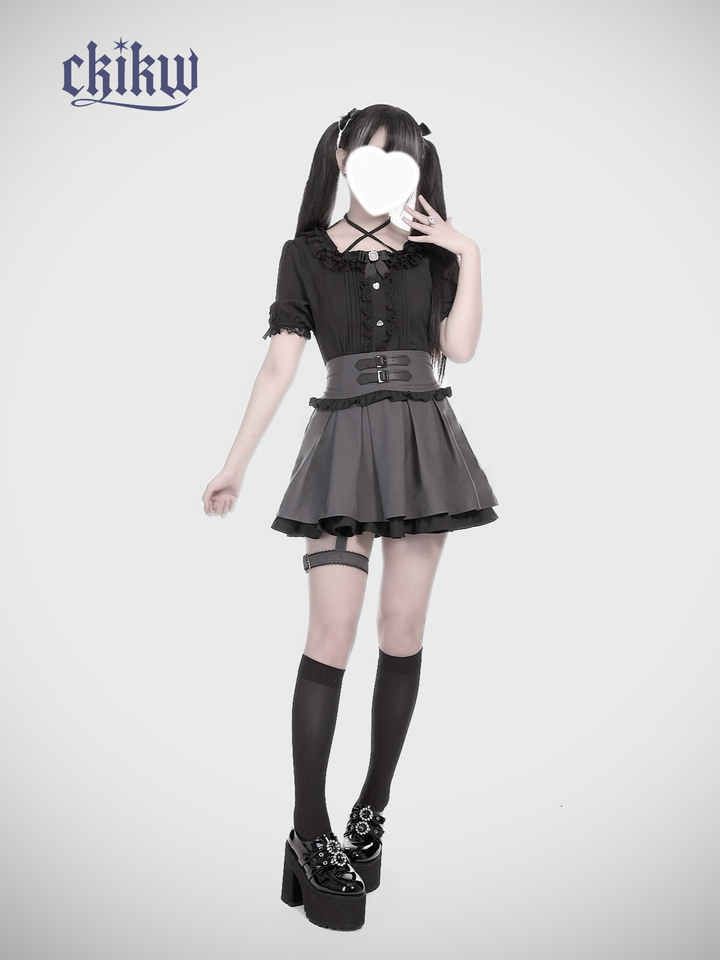 High Waist Jirai Kei Skirt, Adjustable Garter 43610:780649