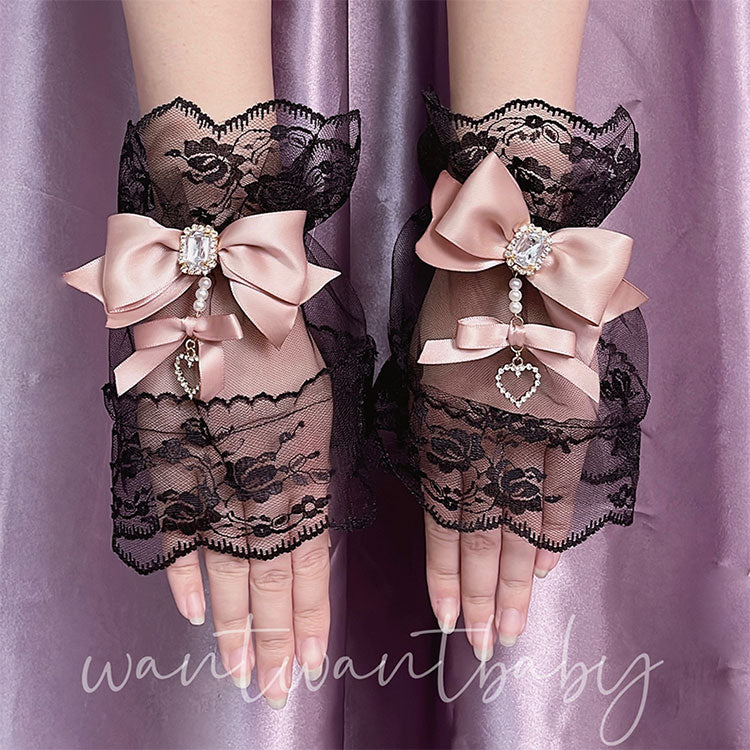 Jirai Kei Lace Cuffs with Bow Pearl and Rhinestones 42235:741505