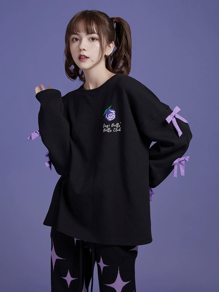 Jirai Kei Sweatshirt Purple Black Bow Rose Pullover Sweatshirt 32452:422534 32452:422534