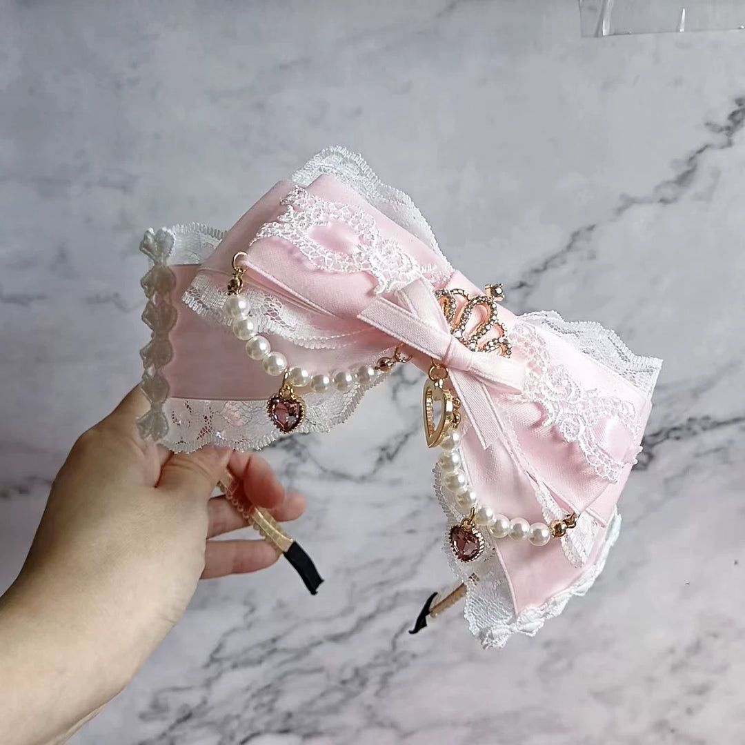 Jirai Kei Pearl-edged Headband, Crown & Heart Rhinestone 45073:833618