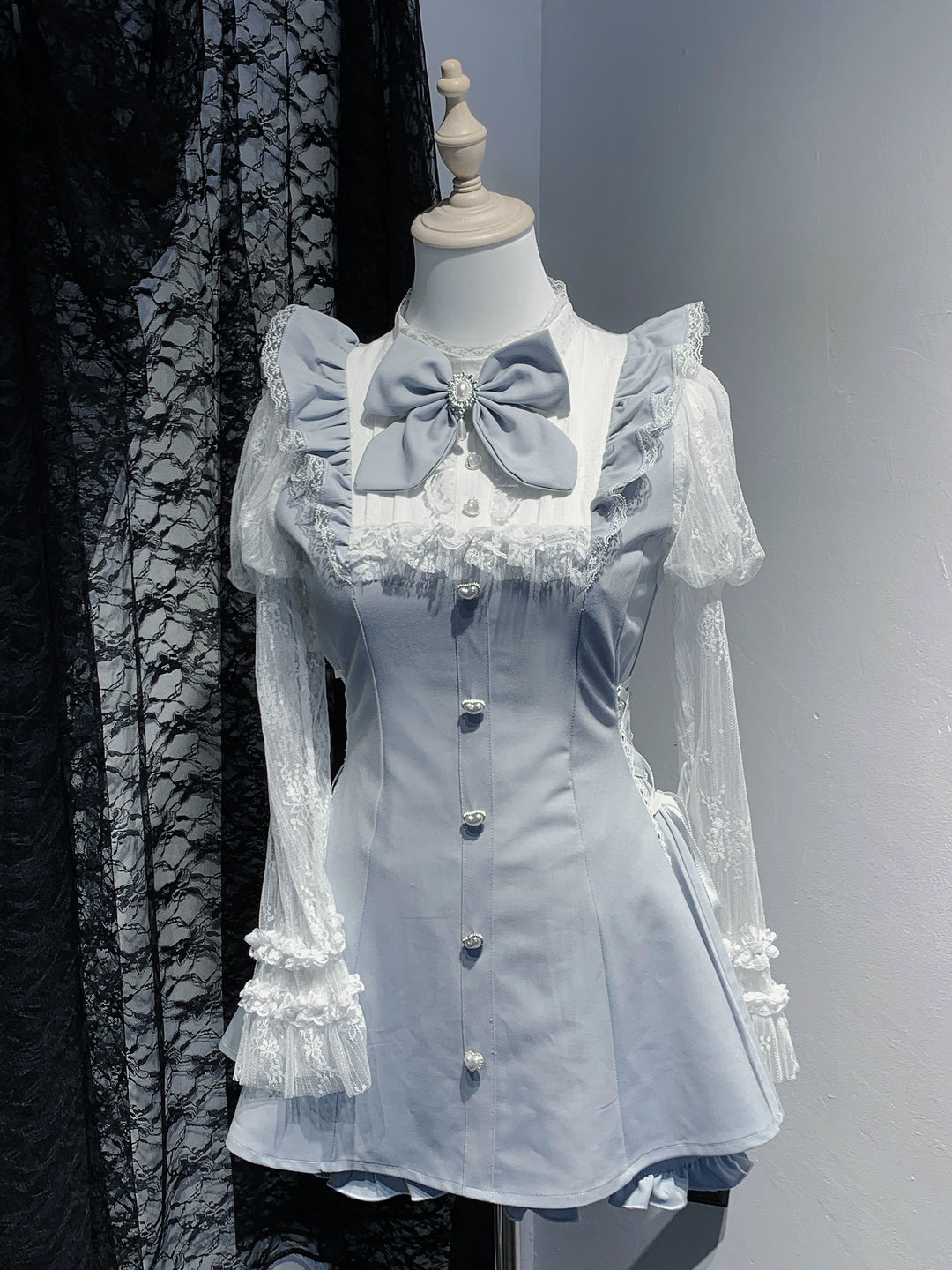 Lace Julie Sleeve Jirai Kei Dress, Elastic Waisted Shorts, Pocket (L M S XL) 43578:780321