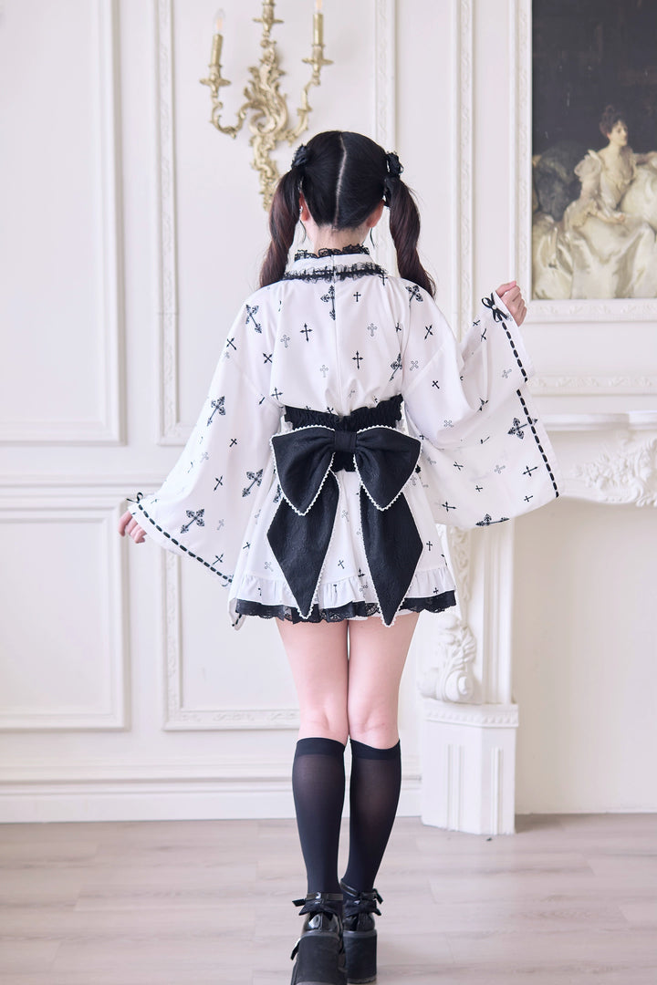 Wa-Style Jirai Kei Kimono Blouse + Ruffle SKirt + Wide Obi Belt 42799:765965