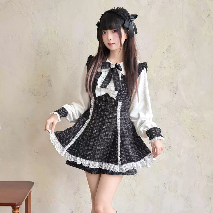 Winter Jirai Kei Dress Set Black Plaid Dress And Shorts Set 41406:701028